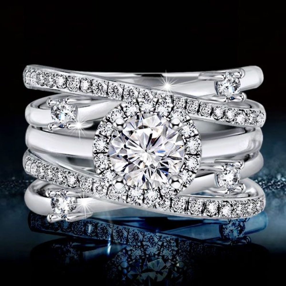 Italo Halo Round Cut Engagement Rings Sets In Sterling Silver - Picture 4 of 10